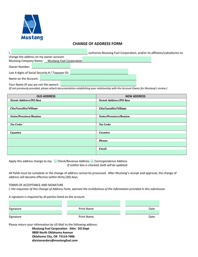 Change Of Address Form screenshot