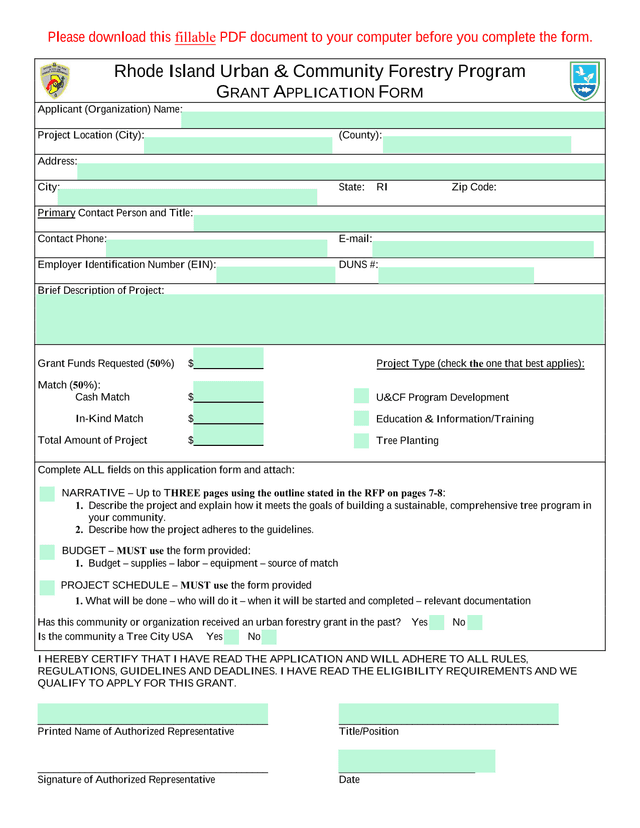 Rhode Island Urban  Community Forestry Program Grant Application Form screenshot