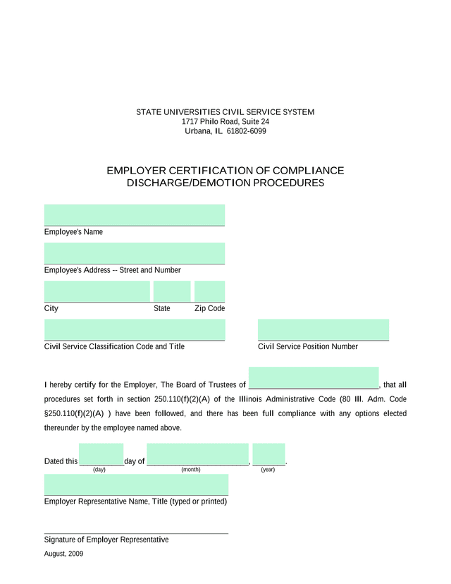 EMPLOYER CERTIFICATION OF COMPLIANCE DISCHARGEDEMOTION PROCEDURES screenshot