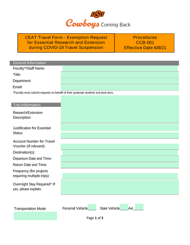 CEAT Travel Form   Exemption Request For Essential Research And Extension During COVID 19 Travel Sus screenshot