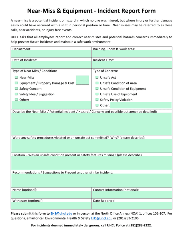 Near Miss  Equipment   Incident Report Form screenshot