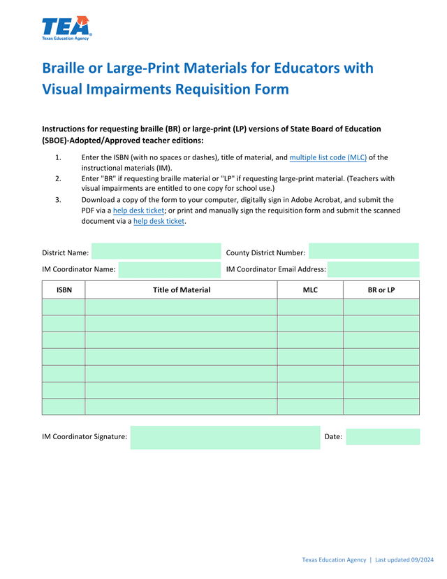 Braille Or Large Print Materials For Educators With Visual Impairments Requisition Form screenshot