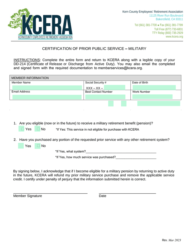 CERTIFICATION OF PRIOR PUBLIC SERVICE  MILITARY screenshot