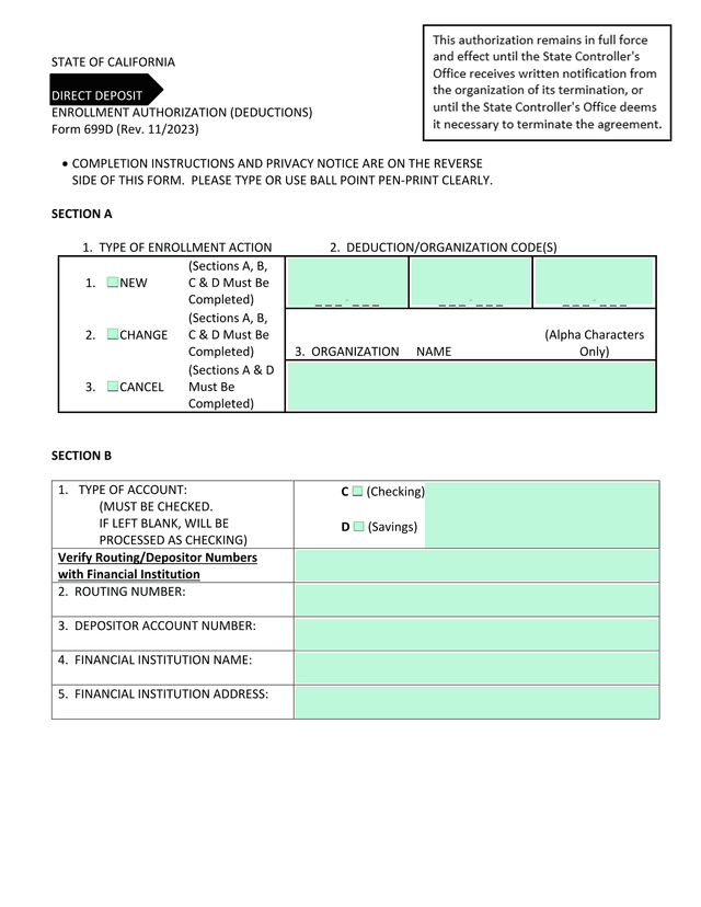 DIRECT DEPOSIT ENROLLMENT AUTHORIZATION (DEDUCTIONS) screenshot