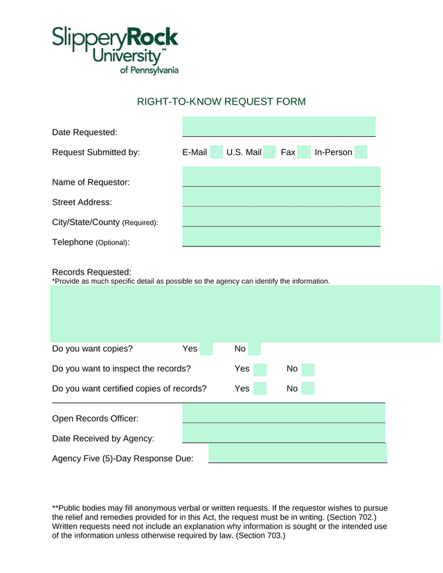 RIGHT TO KNOW REQUEST FORM screenshot
