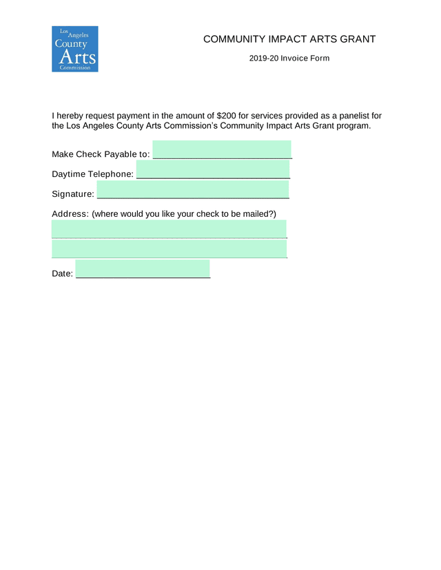 Community Impact Arts Grant 2019 20 Invoice Form screenshot