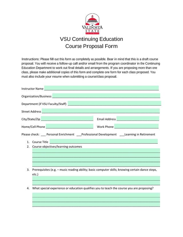VSU Continuing Education Course Proposal Form screenshot