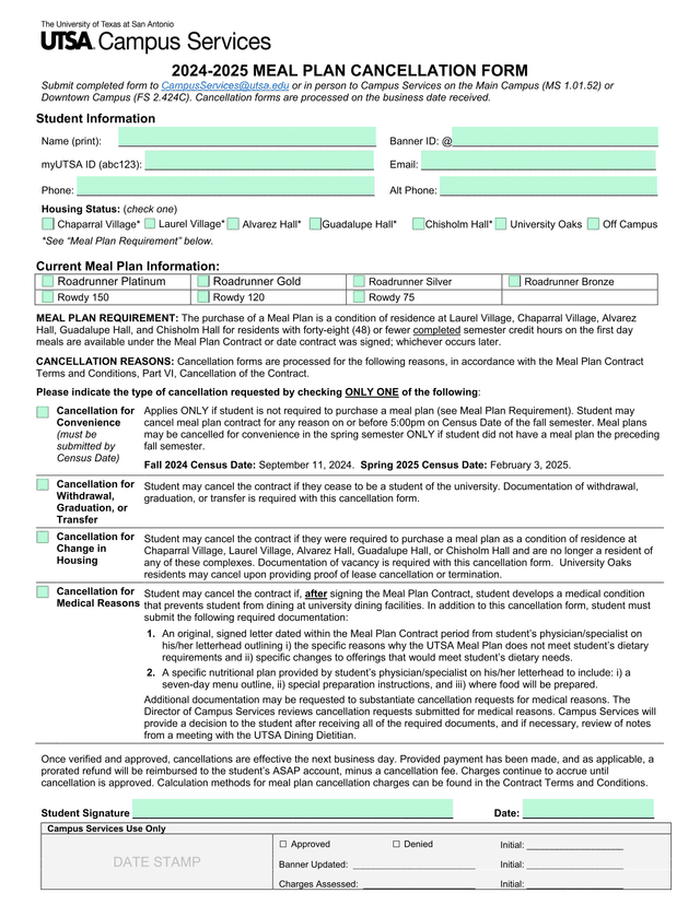 2024 2025 MEAL PLAN CANCELLATION FORM screenshot
