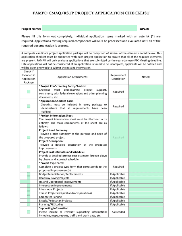 FAMPO CMAQRSTP Project Application Checklist screenshot