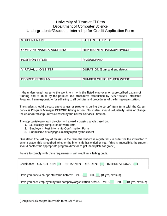 UndergraduateGraduate Internship For Credit Application Form screenshot