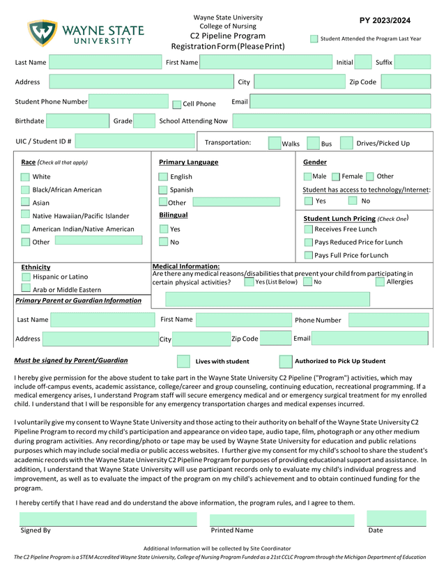 Wayne State University College Of Nursing C2 Pipeline Program Registration Form screenshot