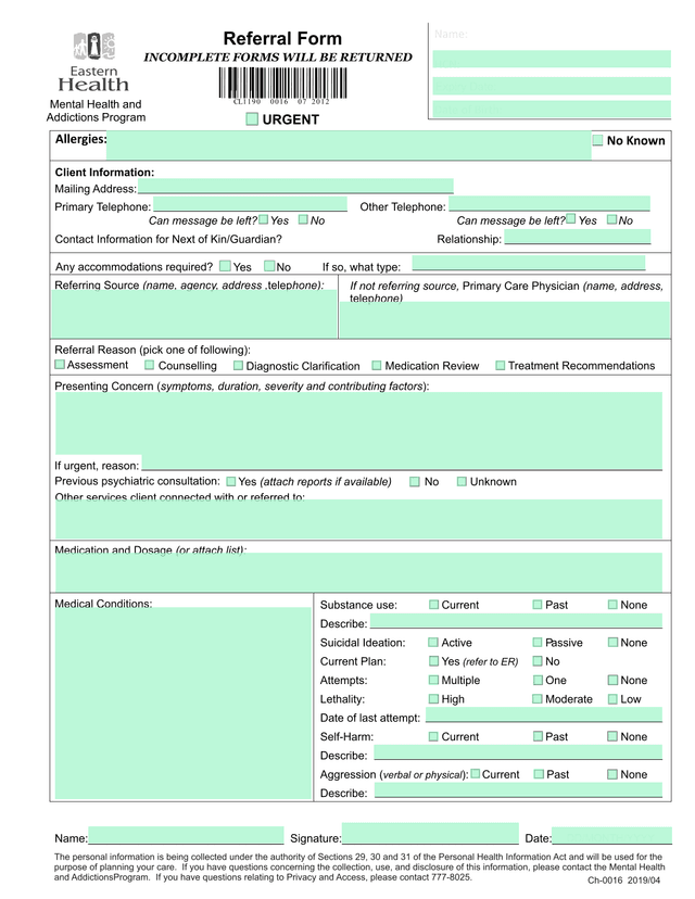 Mental Health And Addictions Program Referral Form screenshot