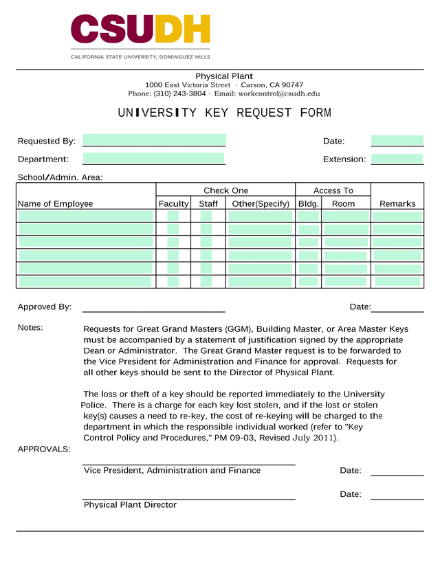 UNIVERSITY KEY REQUEST FORM screenshot