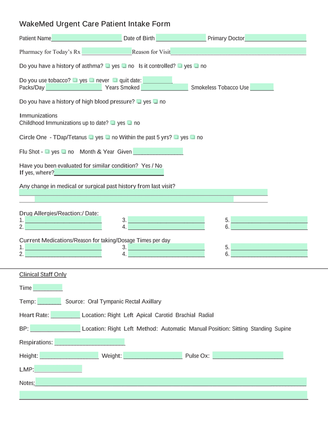 WakeMed Urgent Care Patient Intake Form screenshot