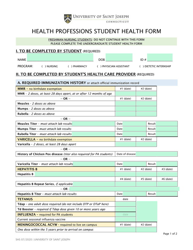 HEALTH PROFESSIONS STUDENT HEALTH FORM screenshot