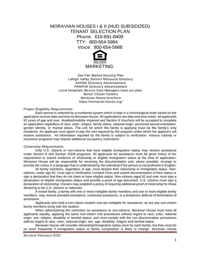 Moravian Houses I  II (HUD Subsidized) Tenant Selection Plan screenshot