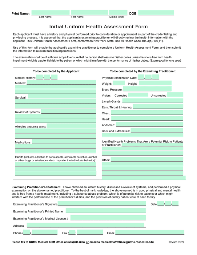 Initial Uniform Health Assessment Form screenshot