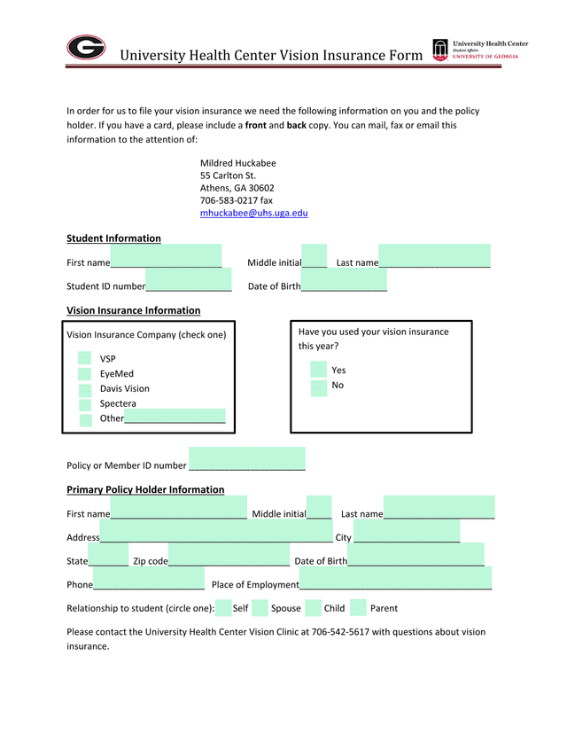University Health Center Vision Insurance Form screenshot