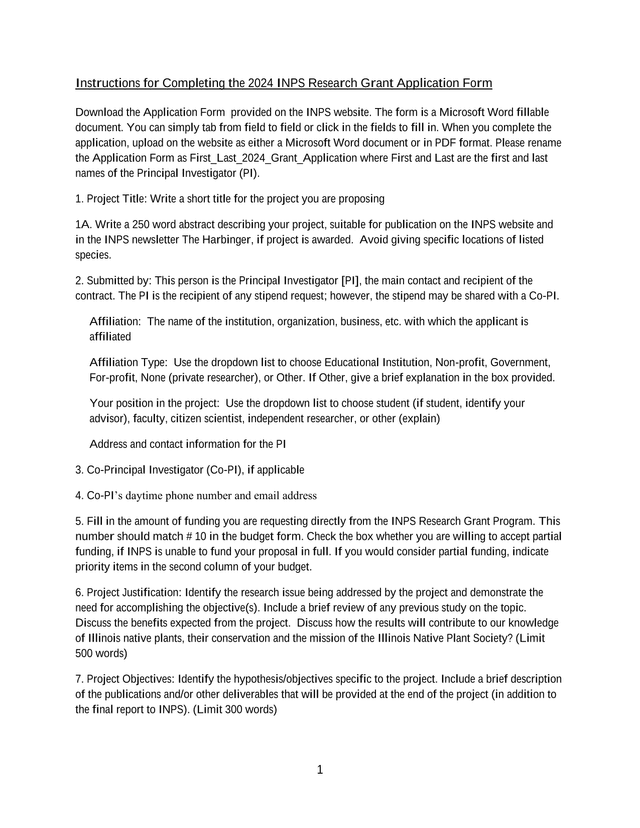 2024 INPS Research Grant Application Form screenshot