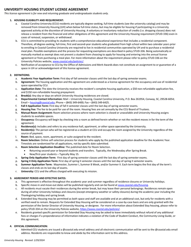 University Housing Student License Agreement screenshot