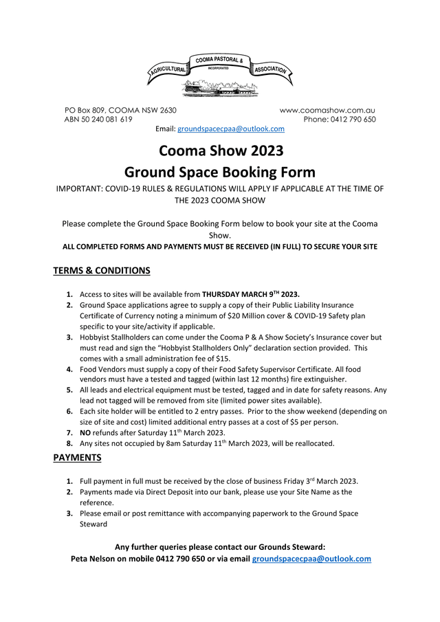 Cooma Show 2023 Ground Space Booking Form screenshot