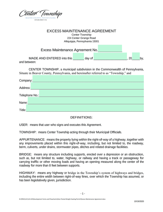 Excess Maintenance Agreement screenshot