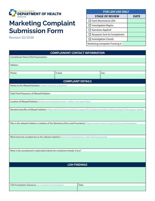 Marketing Complaint Submission Form screenshot