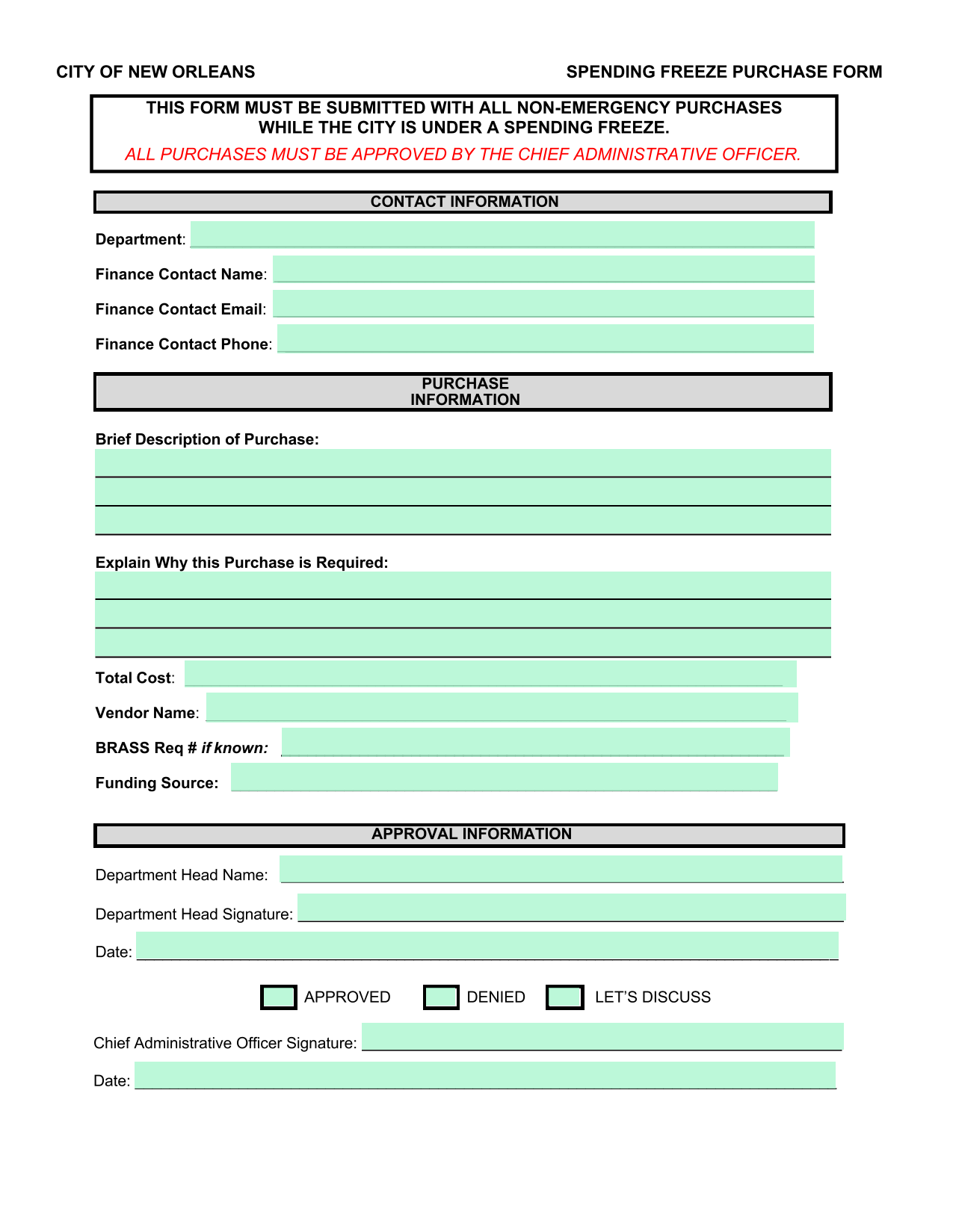 City Of New Orleans Spending Freeze Purchase Form screenshot