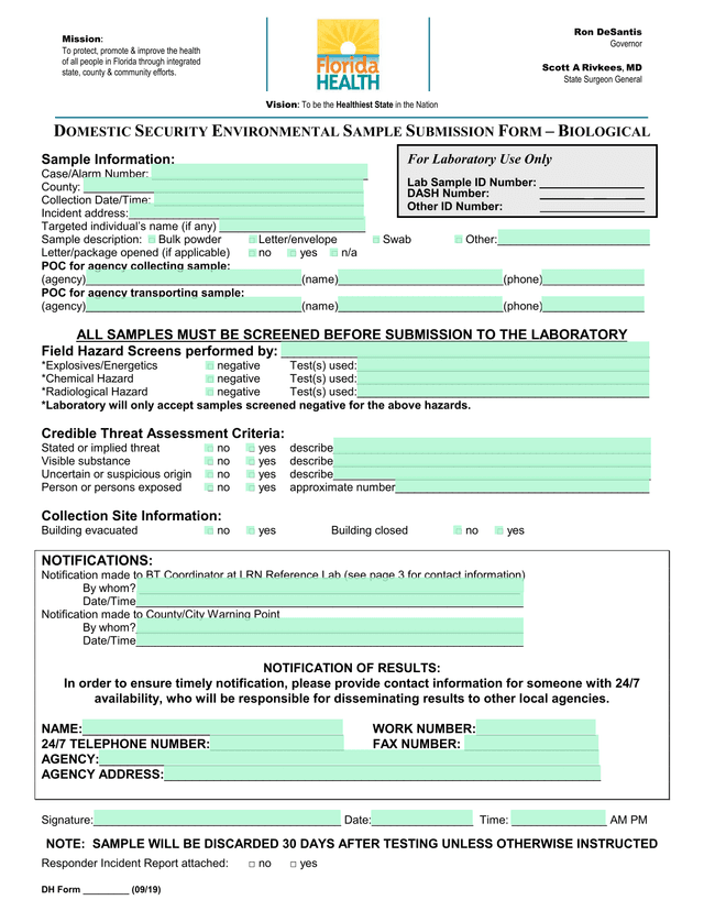 Domestic Security Environmental Sample Submission Form  Biological screenshot