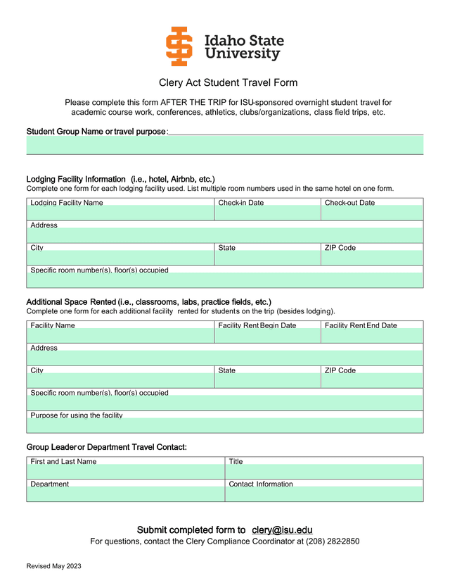 Clery Act Student Travel Form screenshot