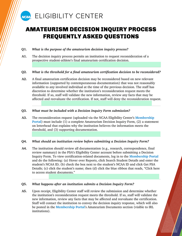 Amateurism Decision Inquiry Process Frequently Asked Questions screenshot