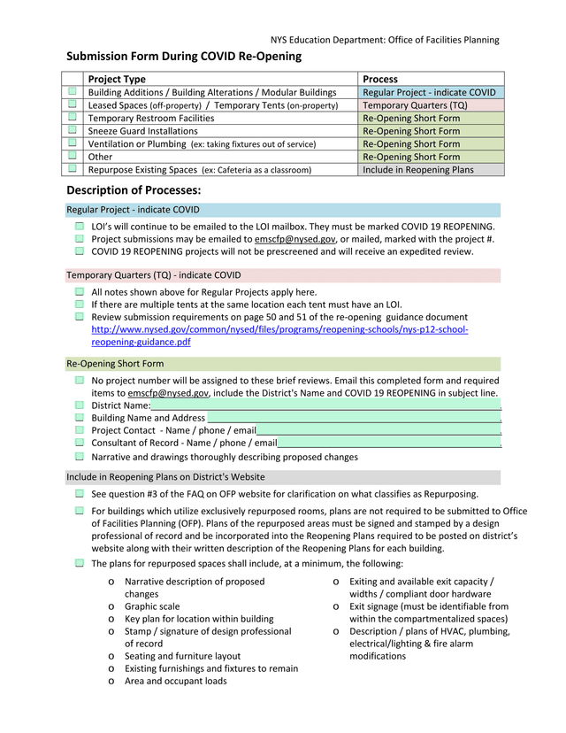 NYS Education Department Office Of Facilities Planning Submission Form During COVID Re Opening screenshot