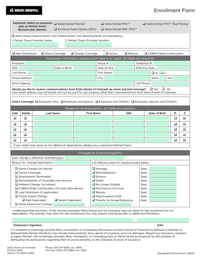 Delta Dental Of Colorado Enrollment Form screenshot