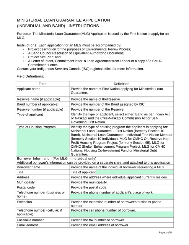 Ministerial Loan Guarantee Application (Individual And Band)   Instructions screenshot