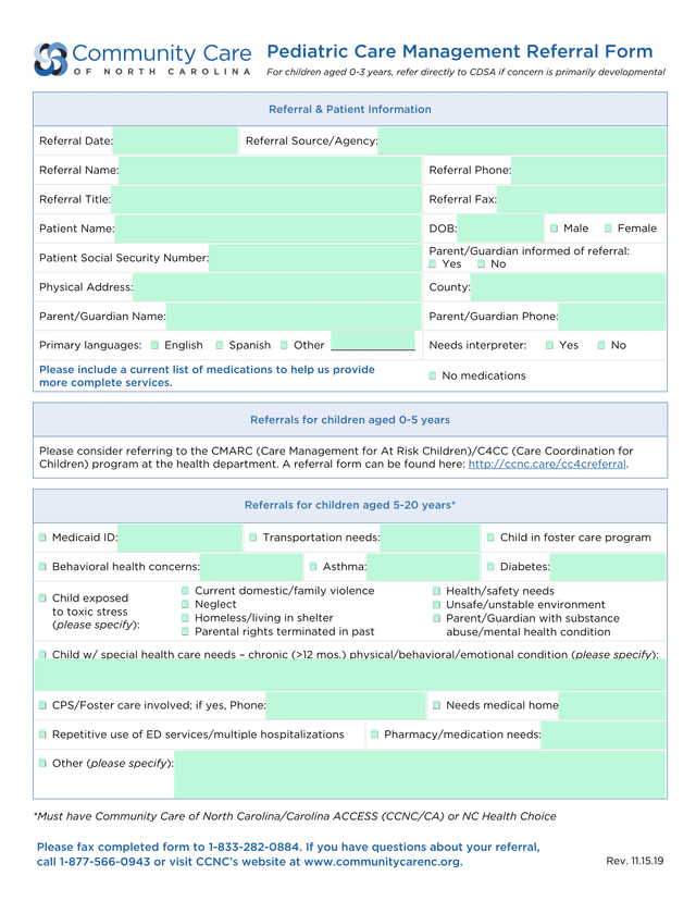 Pediatric Care Management Referral Form screenshot