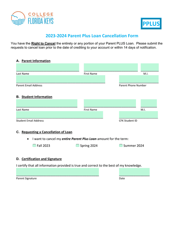 2023 2024 Parent Plus Loan Cancellation Form screenshot