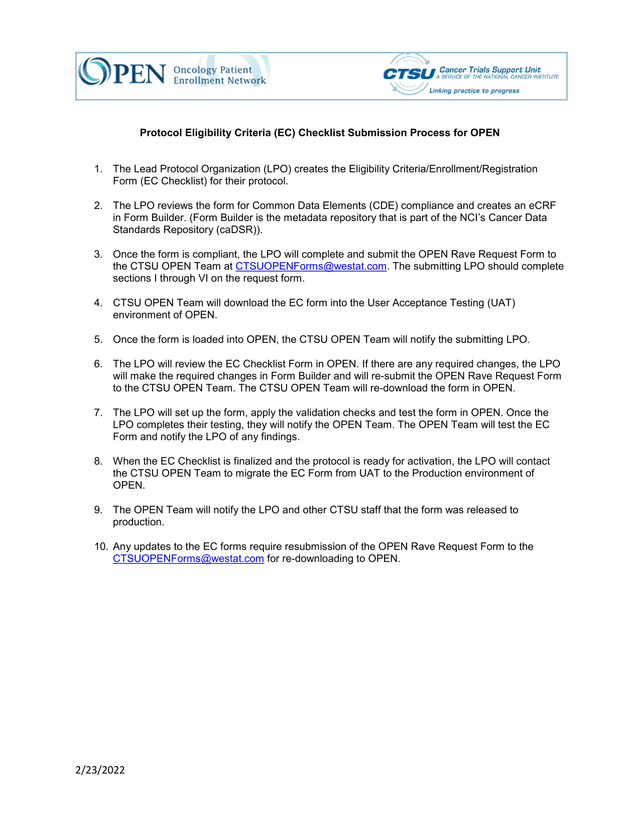 Protocol Eligibility Criteria (EC) Checklist Submission Process For OPEN screenshot