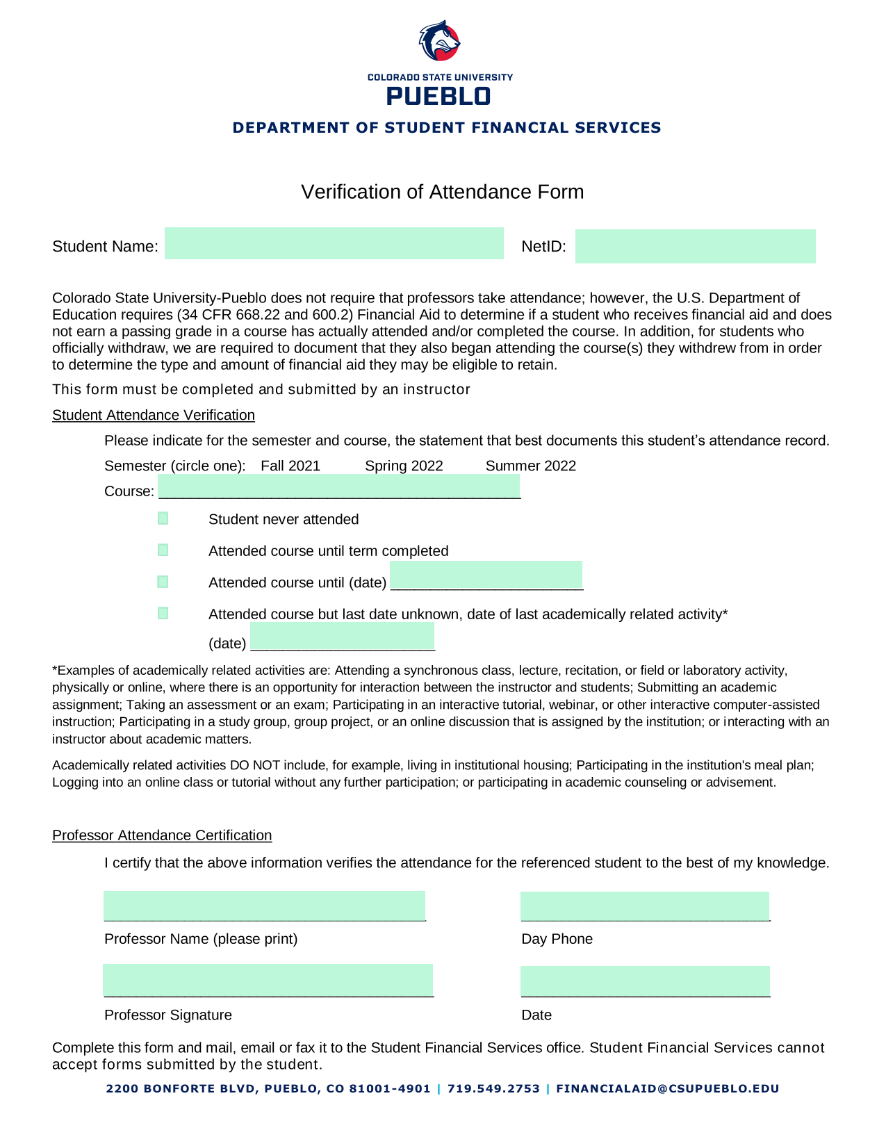 Verification Of Attendance Form screenshot