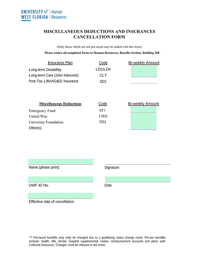 Miscellaneous Deductions And Insurances Cancellation Form screenshot
