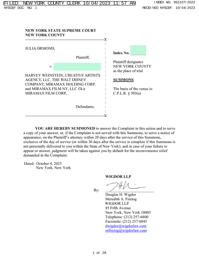 Summons In Julia Ormond V. Harvey Weinstein Et Al. screenshot