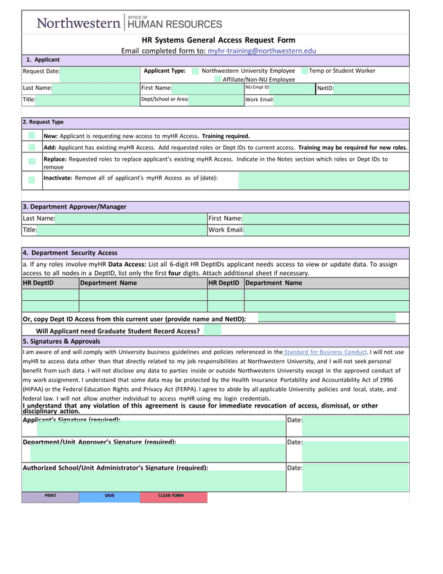 HR Systems General Access Request Form screenshot