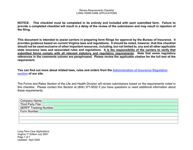 Long Term Care Applications Review Requirements Checklist screenshot