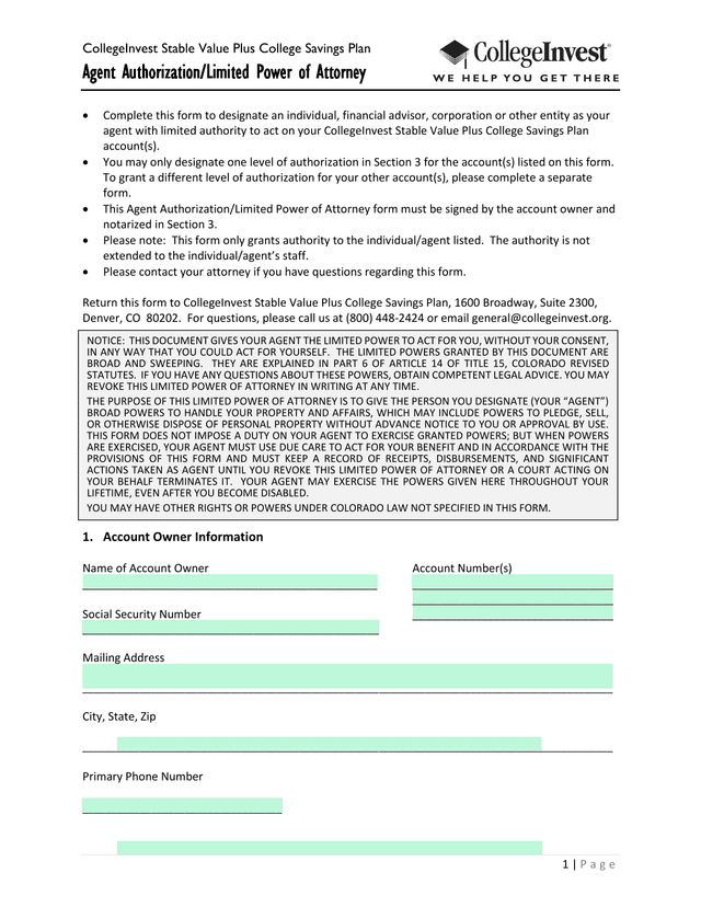 CollegeInvest Stable Value Plus College Savings Plan Agent AuthorizationLimited Power Of Attorney screenshot