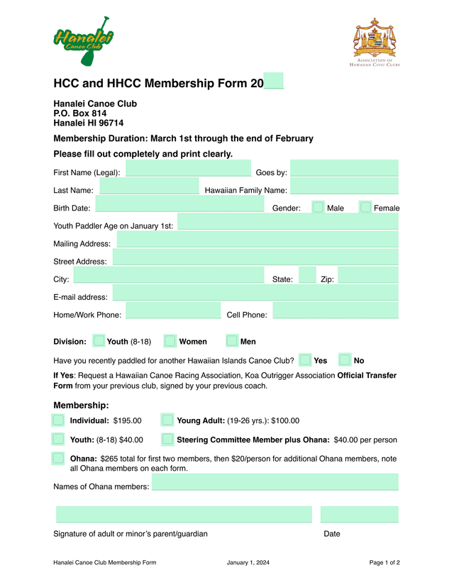 Hanalei Canoe Club Membership Form screenshot