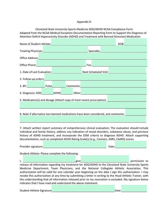 Cleveland State University Sports Medicine ADDADHD NCAA Compliance Form screenshot