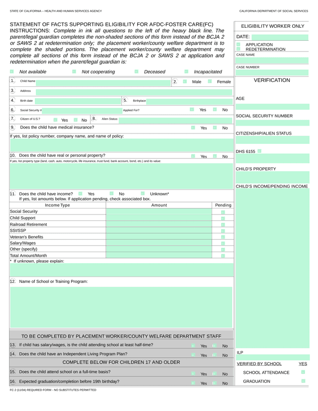 STATEMENT OF FACTS SUPPORTING ELIGIBILITY FOR AFDC FOSTER CARE(FC) screenshot