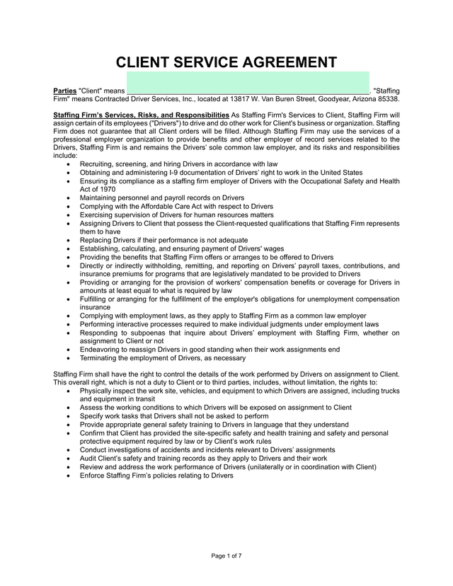 Client Service Agreement screenshot