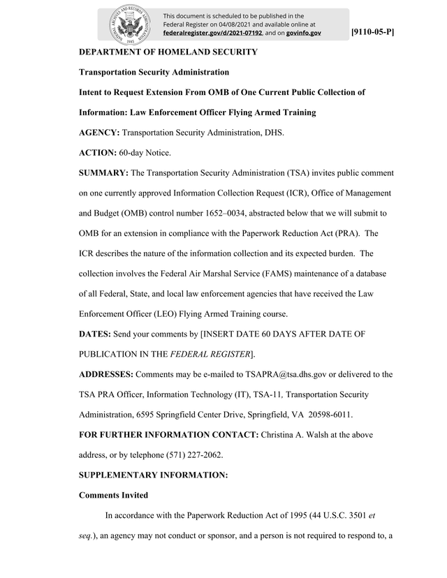 Intent To Request Extension From OMB Of One Current Public Collection Of Information Law Enforcement screenshot