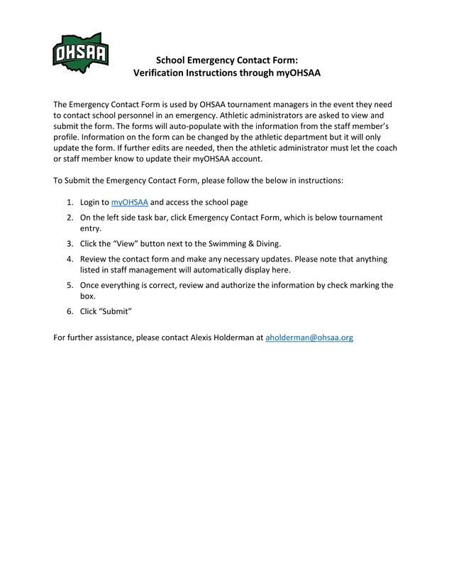 School Emergency Contact Form Verification Instructions Through MyOHSAA screenshot