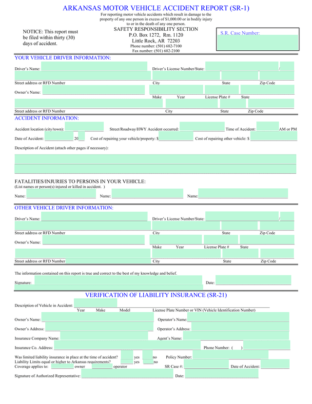 Arkansas Motor Vehicle Accident Report (SR 1) screenshot